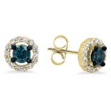 0.45 Carat (ctw) 10K Yellow Gold Round Blue & White Diamond Ladies Halo Stud Earrings 1/2 CT