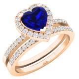 1.35 Carat (ctw) 10K Rose Gold Heart Cut Blue Sapphire & Round Diamond Bridal Engagement Ring Set
