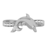 0.10 Carat (ctw) 10K White Gold Round Cut White Diamond Ladies Right Hand Dolphin Ring 1/10 CT
