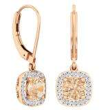 10K Rose Gold 6 MM Round Cut Morganite & White Diamond Ladies Halo Style Dangling Drop Earrings
