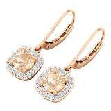 10K Rose Gold 6 MM Round Cut Morganite & White Diamond Ladies Halo Style Dangling Drop Earrings