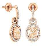 10K Rose Gold 6X4 MM Oval Morganite & Round White Diamond Ladies Dangling Drop Earrings
