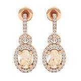 10K Rose Gold 6X4 MM Oval Morganite & Round White Diamond Ladies Dangling Drop Earrings