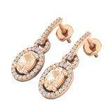 18K Rose Gold 6X4 MM Oval Morganite & Round White Diamond Ladies Dangling Drop Earrings