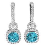 Sterling Silver 6 MM Each Cushion Cut Blue Topaz & Round Diamond Ladies Halo Dangling Drop Earrings