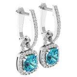 Sterling Silver 6 MM Each Cushion Cut Blue Topaz & Round Diamond Ladies Halo Dangling Drop Earrings