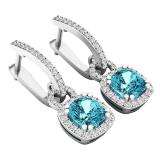 Sterling Silver 6 MM Each Cushion Cut Blue Topaz & Round Diamond Ladies Halo Dangling Drop Earrings