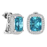 Sterling Silver 10X8 MM Each Cushion Cut Blue Topaz & Round Cut Diamond Ladies Halo Stud Earrings
