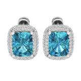 Sterling Silver 10X8 MM Each Cushion Cut Blue Topaz & Round Cut Diamond Ladies Halo Stud Earrings