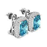 Sterling Silver 10X8 MM Each Cushion Cut Blue Topaz & Round Cut Diamond Ladies Halo Stud Earrings