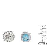 Sterling Silver 10X8 MM Each Cushion Cut Blue Topaz & Round Cut Diamond Ladies Halo Stud Earrings