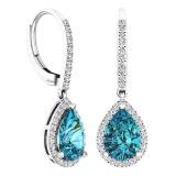 Sterling Silver 10X7 MM Each Pear Cut Blue Topaz & Round Diamond Ladies Halo Dangling Drop Earrings