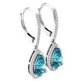Sterling Silver 10X7 MM Each Pear Cut Blue Topaz & Round Diamond Ladies Halo Dangling Drop Earrings