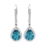 Sterling Silver 10X7 MM Each Pear Cut Blue Topaz & Round Diamond Ladies Halo Dangling Drop Earrings