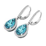 Sterling Silver 10X7 MM Each Pear Cut Blue Topaz & Round Diamond Ladies Halo Dangling Drop Earrings