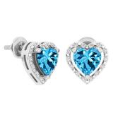 10K White Gold 6 MM Each Heart Cut Blue Topaz & Round Cut White Diamond Ladies Stud Earrings