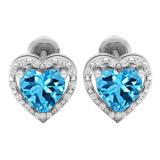 10K White Gold 6 MM Each Heart Cut Blue Topaz & Round Cut White Diamond Ladies Stud Earrings
