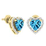 18K Yellow Gold 6 MM Each Heart Cut Blue Topaz & Round Cut White Diamond Ladies Stud Earrings