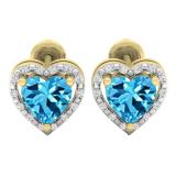 18K Yellow Gold 6 MM Each Heart Cut Blue Topaz & Round Cut White Diamond Ladies Stud Earrings