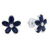 14K White Gold Oval Cut Blue Sapphire & Round Cut White Diamond Ladies Flower Shape Stud Earrings