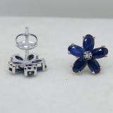 14K White Gold Oval Cut Blue Sapphire & Round Cut White Diamond Ladies Flower Shape Stud Earrings