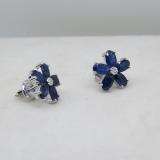 14K White Gold Oval Cut Blue Sapphire & Round Cut White Diamond Ladies Flower Shape Stud Earrings