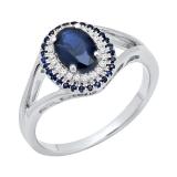 1.05 Carat (ctw) Sterling Silver Round & Oval Blue Sapphire & Round Diamond Engagement Ring 1 CT