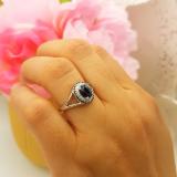 1.05 Carat (ctw) Sterling Silver Round & Oval Blue Sapphire & Round Diamond Engagement Ring 1 CT