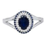 1.05 Carat (ctw) Sterling Silver Round & Oval Blue Sapphire & Round Diamond Engagement Ring 1 CT