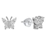 0.48 Carat (ctw) 18K White Gold Round & Baguette Cut Diamond Ladies Butterfly Stud Earrings 1/2 CT
