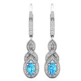 14K White Gold 6X4 MM Each Oval Cut Blue Topaz & Round Diamond Ladies Infinity Dangling Earrings
