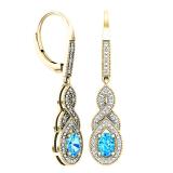 14K Yellow Gold 6X4 MM Each Oval Cut Blue Topaz & Round Diamond Ladies Infinity Dangling Earrings