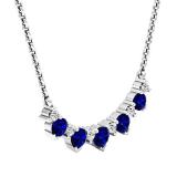 10K White Gold Round Blue Sapphire & White Diamond Ladies Necklace (Silver Chain Included)