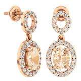 18K Rose Gold 7X5 MM Each Oval Cut Morganite & Round White Diamond Ladies Dangling Drop Earrings