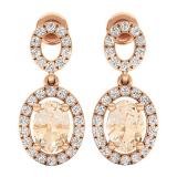18K Rose Gold 7X5 MM Each Oval Cut Morganite & Round White Diamond Ladies Dangling Drop Earrings