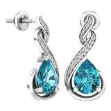 Sterling Silver 8X6 MM Each Pear Cut Blue Topaz & Round Diamond Ladies Infinity Dangling Earrings