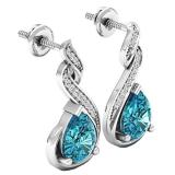 Sterling Silver 8X6 MM Each Pear Cut Blue Topaz & Round Diamond Ladies Infinity Dangling Earrings