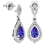 Sterling Silver 6X4 MM Pear Cut Tanzanite & Round Cut White Diamond Ladies Dangling Drop Earrings