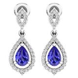 Sterling Silver 6X4 MM Pear Cut Tanzanite & Round Cut White Diamond Ladies Dangling Drop Earrings