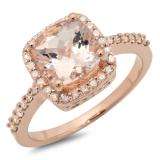 2.40 Carat (ctw) 14K Rose Gold Cushion Cut Morganite & Round Diamond Ladies Halo Engagement Ring