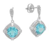 Sterling Silver 7 MM Each Cushion Cut Blue Topaz & Round White Diamond Ladies Halo Drop Earrings