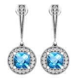 Sterling Silver 6 MM Each Cushion Cut Blue Topaz & Round Diamond Ladies Halo Drop Earrings