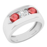 10K White Gold 5 MM Round Ruby & Diamond Men's Channel Set 3 Stone Wedding Band