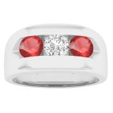 10K White Gold 5 MM Round Ruby & Diamond Men's Channel Set 3 Stone Wedding Band