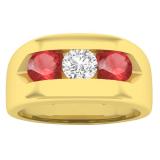 14K Yellow Gold 5 MM Round Ruby & Diamond Men's Channel Set 3 Stone Wedding Band