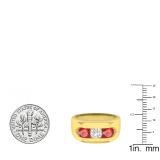 14K Yellow Gold 5 MM Round Ruby & Diamond Men's Channel Set 3 Stone Wedding Band