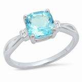 Sterling Silver 7 MM Cushion Cut Blue Topaz & Round White Diamond Ladies Bridal Engagement Ring