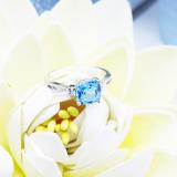 Sterling Silver 7 MM Cushion Cut Blue Topaz & Round White Diamond Ladies Bridal Engagement Ring