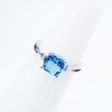 Sterling Silver 7 MM Cushion Cut Blue Topaz & Round White Diamond Ladies Bridal Engagement Ring