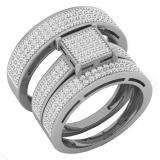 0.80 Carat (ctw) 10K White Gold Round Diamond Men & Women's Cluster Engagement Ring Trio Set